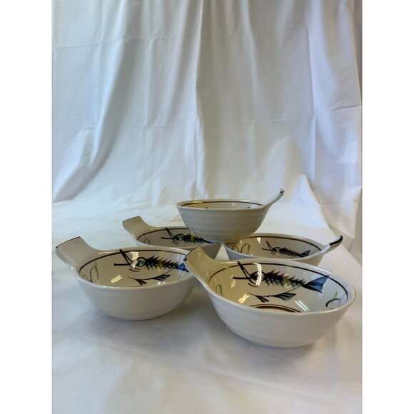 Set Of 5 Vintage Mid-Century Modern Soup Bowls With Handles - Fish Skeleton Desi - Picture 1 of 2
